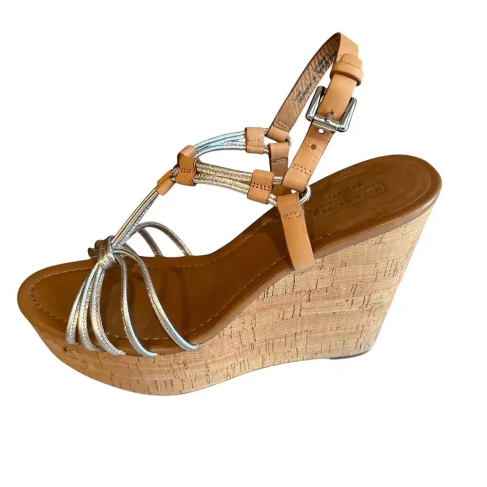 Coach Georgiana Metallic Silver Platform Cork Sandals 9
